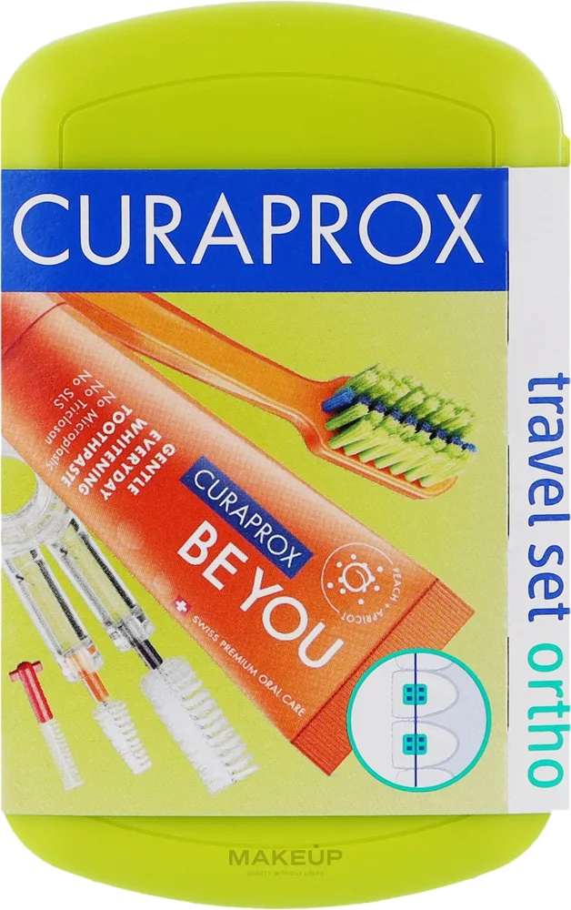 Набор ортодонтический дорожный Curaprox Ortho Travel Set: щётка, паста 10 мл, 3 межзубных ершика, футляр, зелёный