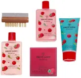 Набор Aurora Fruit Love пена для ванны 250 мл гель для душа 250 мл лосьон 120 мл соль для ванны 100 г и аксессуар малина — фото 2