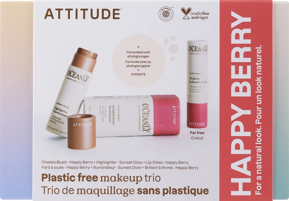 Набор для макияжа Attitude Oceanly Happy Berry Set хайлайтер, блеск и румяна в стиках, 8,5 г + 3,4 г + 8,5 г