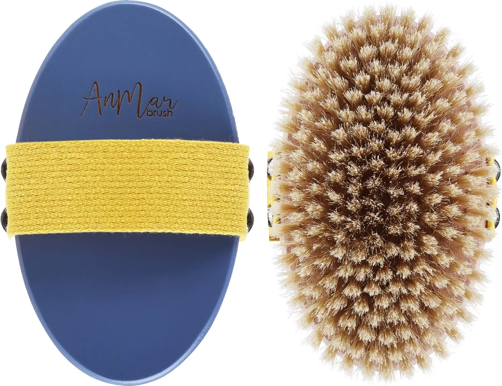 Щётка для сухого массажа тела AnMar Brush синяя с жёлтой полоской, щетина кабана средней жёсткости, 1 шт