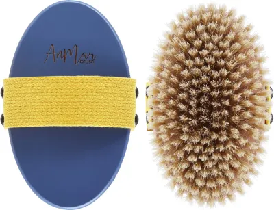 Щётка для сухого массажа тела AnMar Brush синяя с жёлтой полоской, щетина кабана средней жёсткости, 1 шт