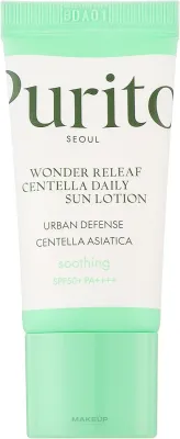 Purito Seoul Wonder Releaf Centella лосьон солнцезащитный для лица SPF50+ Mini 15 мл, с центеллой, для чувствительной кожи, дорожный формат