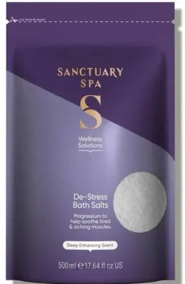Sanctuary Spa Wellness соль для ванны De-Stress Bath Salts 500 г, расслабляющая соль с магнием, аромат фиалки, жасмина и сандала