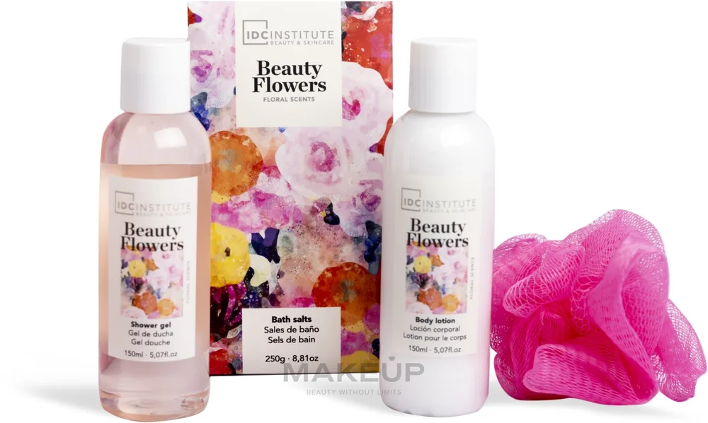 Набор IDC Institute Beauty Flowers гель для душа 100 мл лосьон для тела 100 мл соль для ванны 50 г и губка в декоративной лейке