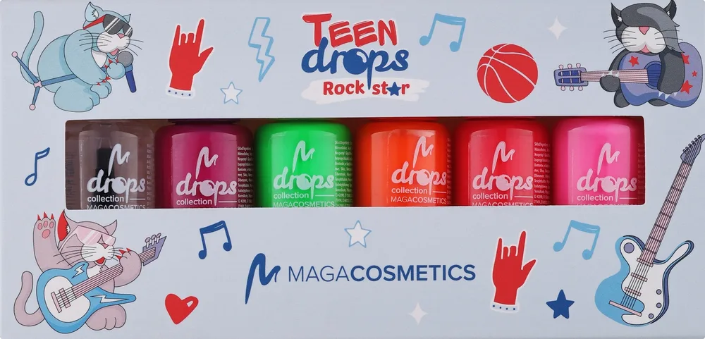 Набор лаков для ногтей Maga Cosmetics Teen Drops Rockstar V.01 быстросохнущие, мини-формат, 6 лаков по 6 мл