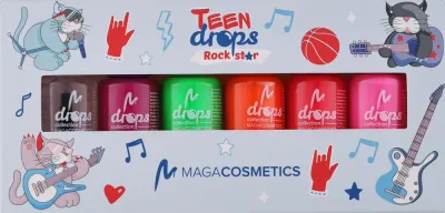 Набор лаков для ногтей Maga Cosmetics Teen Drops Rockstar V.01 быстросохнущие, мини-формат, 6 лаков по 6 мл
