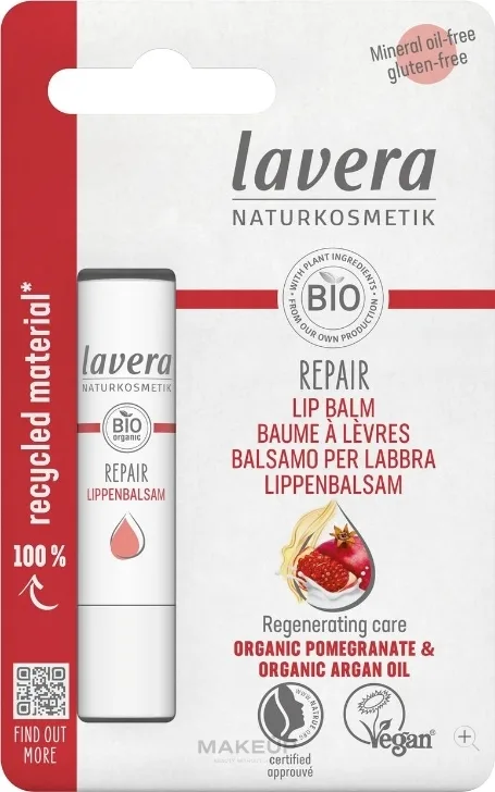 Бальзам для губ Lavera Repair Lip Balm восстанавливающий, с органическим аргановым маслом и гранатом