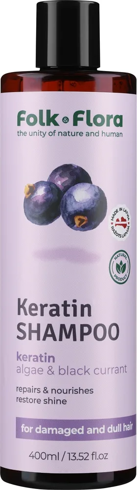 Шампунь Folk&Flora Keratin для повреждённых и тусклых волос, с кератином, алоэ и центеллой азиатской, 400 мл, Латвия
