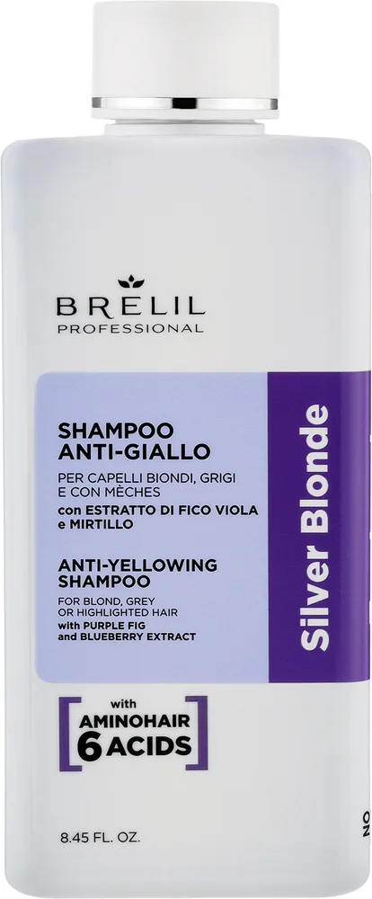 Шампунь Brelil Silver Blonde против жёлтого оттенка, для блонда и седых волос, с черникой и инжиром, 250 мл, Италия