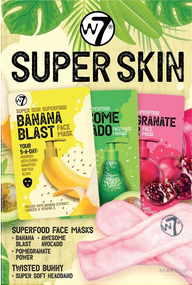 Набор масок для лица W7 Super Skin три маски с бананом и льном и аксессуар уценка упаковки