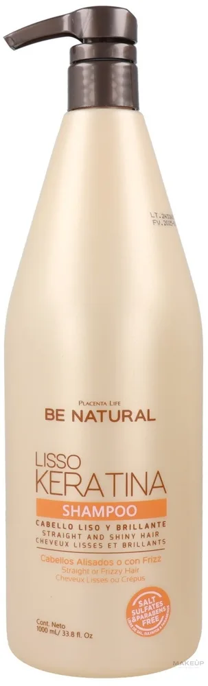 Шампунь Placenta Life Be Natural Lisso Keratina с кератином, для непослушных вьющихся волос, 1000 мл, Перу