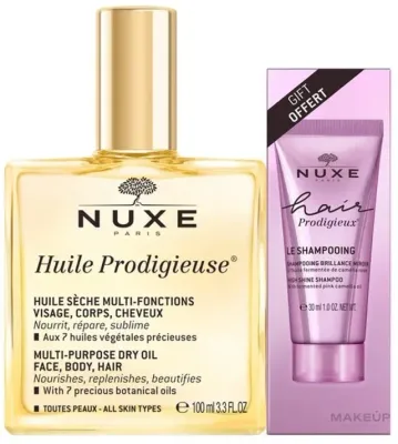 Nuxe Huile Prodigieuse набор: сухое масло для лица, тела и волос 100 мл и шампунь Hair Prodigieux High Shine 30 мл