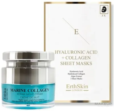 Набор ErthSkin London Collagen ночной крем с морским коллагеном 50 мл и 3 тканевые маски с гиалуроновой кислотой