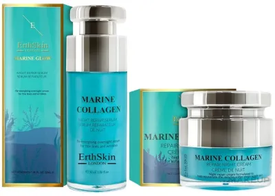 Набор для лица ErthSkin London Marine Collagen ночной крем и сыворотка с коллагеном алоэ и витамином C 50+30 мл