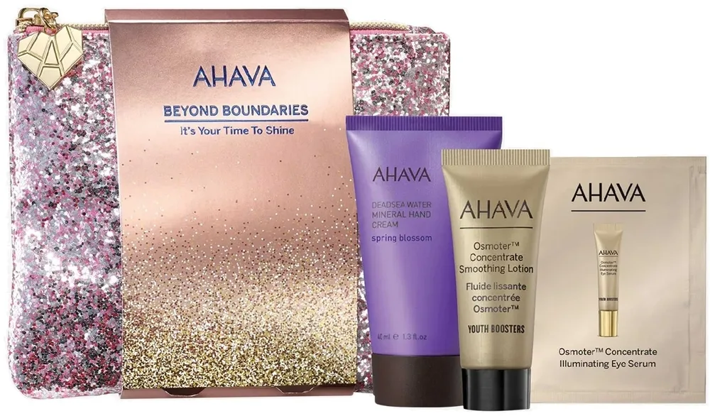 Набор Ahava Holiday It's Your Time To Shine лосьон для лица 15 мл сыворотка для глаз 2 мл крем для рук 40 мл и косметичка