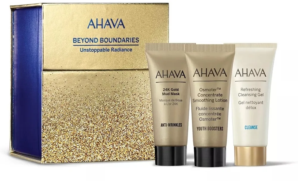 Набор Ahava Holiday Unstoppable Radiance грязевая маска с золотом 15 мл лосьон для лица 15 мл и гель для умывания 15 мл