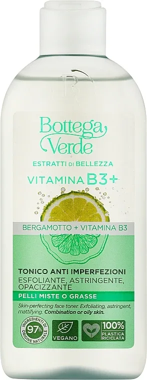 Тоник для лица Bottega Verde Beauty Extracts Vitamin B3+ Skin Perfecting матирующий, для комбинированной и жирной кожи, 200 мл