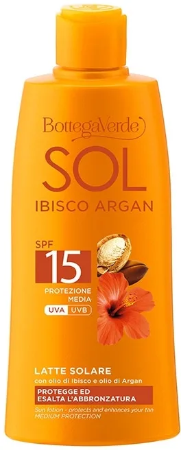 Солнцезащитный лосьон Bottega Verde Sol Hibiscus & Argan SPF15 с маслом гибискуса и арганы, для интенсивного загара, 200 мл
