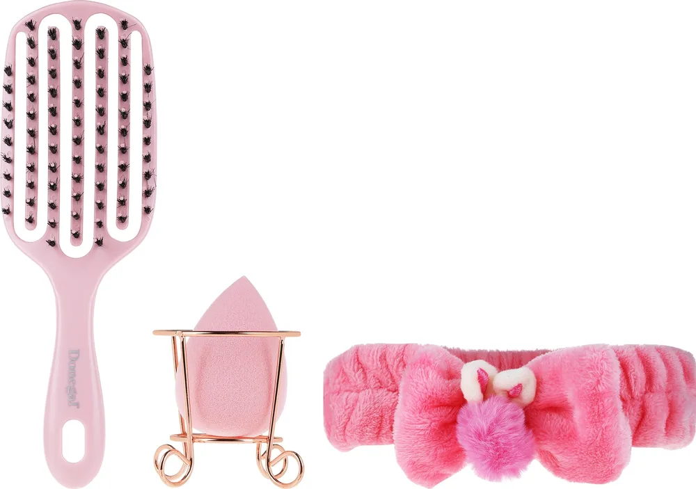 Подарочный набор Donegal Pink гибкая расческа My Moxie плюшевая повязка для волос и спонж в футляре