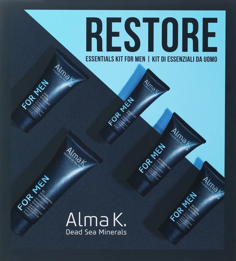 Мужской набор Alma K. Restory Essentials Kit for Men: шампунь-гель для душа, средство для умывания, крем для лица, крем для бритья, бальзам после бритья