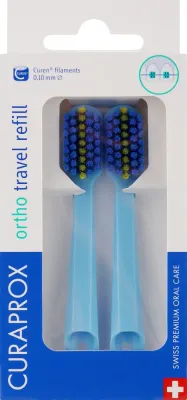 Сменные головки для дорожной зубной щётки Curaprox Ortho Travel Refill CS 5460, ортодонтические, синяя и жёлтая, 2 шт