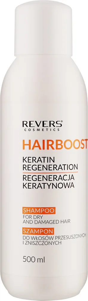 Шампунь Revers Hairboost Keratin Regeneration восстанавливающий, с гидролизованным кератином и маслом арганы, для повреждённых волос, 500 мл, Польша
