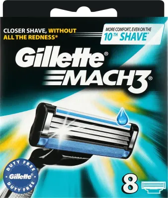 Сменные кассеты для бритья Gillette Mach3, три лезвия, микрогребни, гелевая полоска, 8 шт