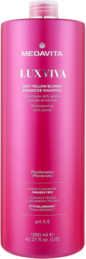 Шампунь против жёлтых тонов для светлых волос Medavita Luxviva Anti Yellow Blonde Enhancer Shampoo, с прямыми пигментами, 1250 мл
