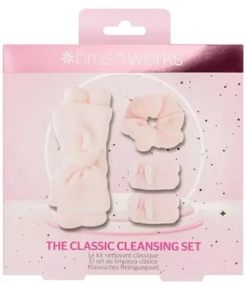 Набор Brushworks The Classic Cleansing розовая повязка напульсники из микрофибры 2 шт и резинка для волос