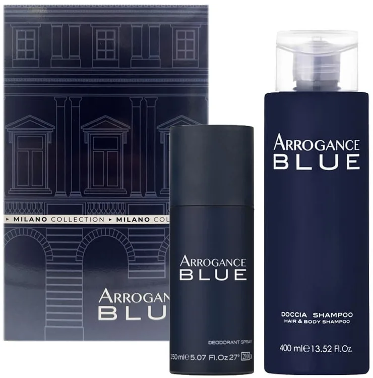 Мужской набор Arrogance Blue Pour Homme шампунь для тела и волос и дезодорант с алоэ 400+150 мл