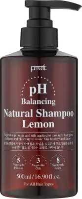 Шампунь Prreti PH Balancing Lemon балансирующий, с лимоном, аргановым маслом, гиалуроновой кислотой и керамидами, 500 мл, Корея