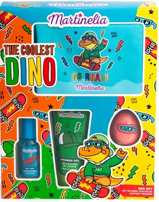 Детский набор Martinelia The Coolest Dino гель для душа 100 мл спрей для тела 50 мл бомбочка для ванны 70 г и косметичка
