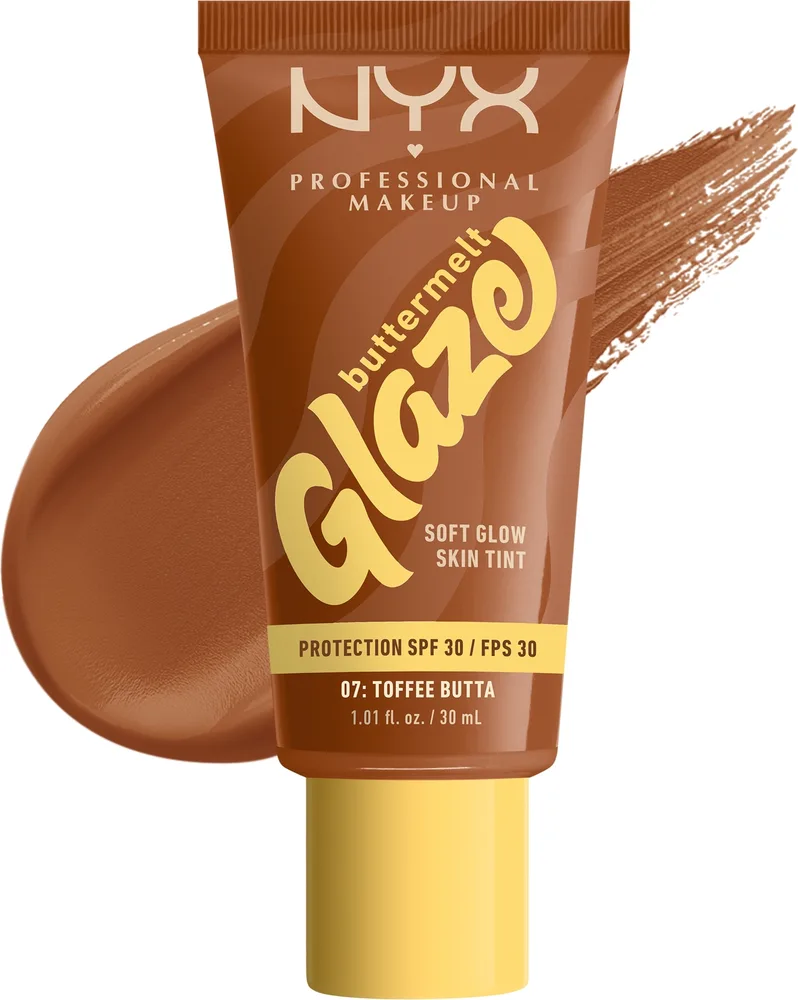 Тонирующий флюид NYX Professional Makeup Buttermelt Glaze Soft Glow Skin Tint сияющий SPF 30, 30 мл, оттенок 07 - Toffee Butta