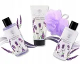 Набор Aurora Lavender Fields гель для душа 200 мл бальзам для тела 200 мл крем для рук 100 мл и мочалка люфа — фото 2