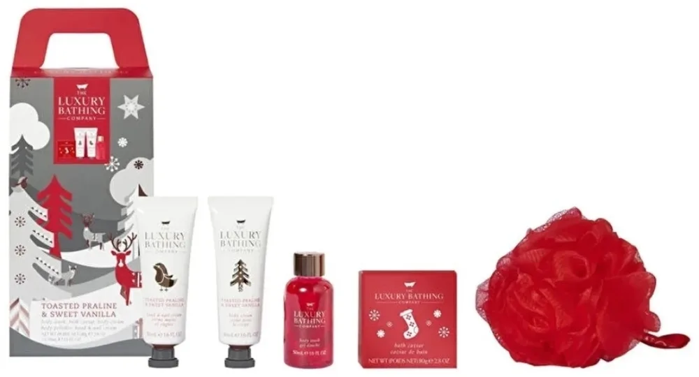Набор Grace Cole Toasted Praline & Sweet Vanilla гель для душа 50 мл лосьон 50 мл крем для рук и ногтей 50 мл икра для ванны 80 г и мочалка