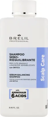 Шампунь Brelil Scalp Care Sebum Balancing для жирной кожи головы и ослабленных волос, с пантенолом, 250 мл, Италия