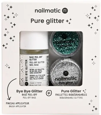 Набор Nailmatic Pure Glitter бирюзовые и серебряные блестки 2 банки база peel-off и кисть
