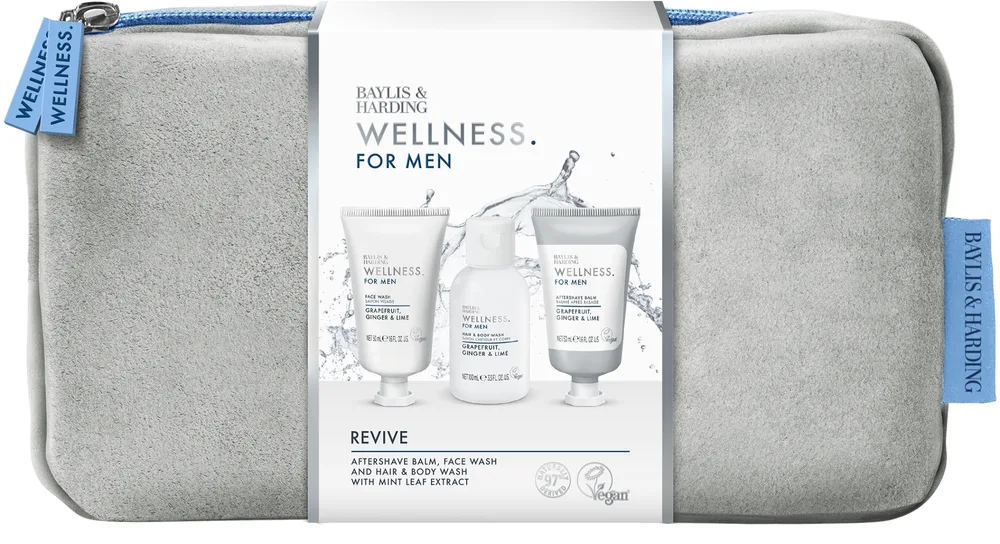 Мужской набор Baylis & Harding Wellness For Men бальзам после бритья 50 мл гель для тела и волос 100 мл средство для умывания 50 мл и косметичка