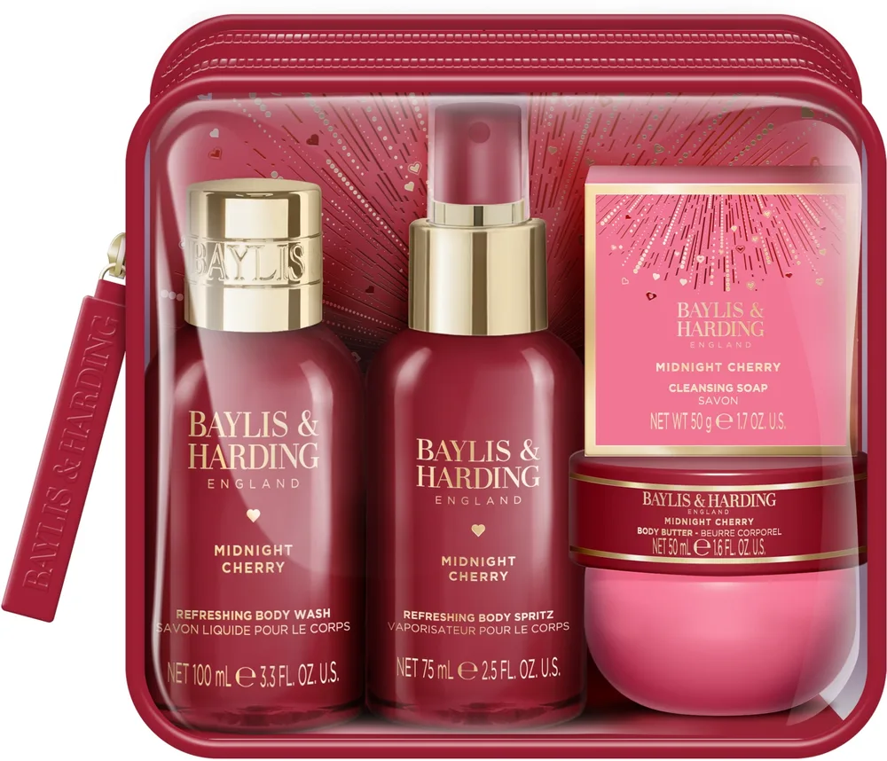 Дорожный набор Baylis & Harding Midnight Cherry спрей для тела 75 мл мыло 50 г гель для душа 100 мл масло для тела 50 мл и косметичка