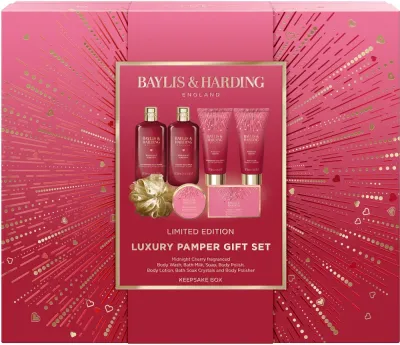 Набор Baylis & Harding Midnight Cherry гель 300 мл молочко для ванны 300 мл скраб 130 мл лосьон 130 мл мыло 100 г кристаллы 100 г и мочалка