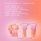 Набор Baylis & Harding Jojoba Vanilla & Almond Oil гель 100 мл пена 100 мл лосьон 50 мл скраб 50 мл кристаллы 25 г и мочалка — фото 4