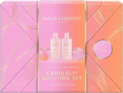 Набор Baylis & Harding Jojoba Vanilla & Almond Oil пена для ванны 300 мл крем-гель для душа 300 мл масло для тела 50 мл и ароматическая свеча 60 г