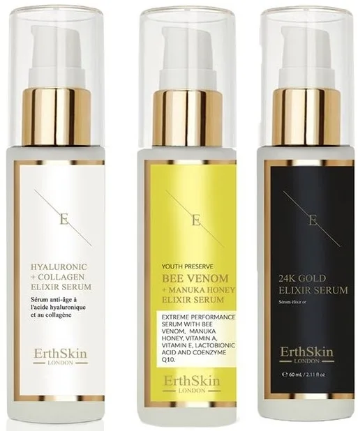 Набор сывороток для лица ErthSkin London три сыворотки с пчелиным ядом гиалуроновой кислотой коллагеном и 24k золотом 3x60 мл