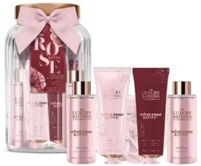 Набор Grace Cole Velvet Rose And Peony крем для тела 50 мл крем для рук 50 мл гель для душа 100 мл соль для ванны 100 мл мочалка и стеклянная банка