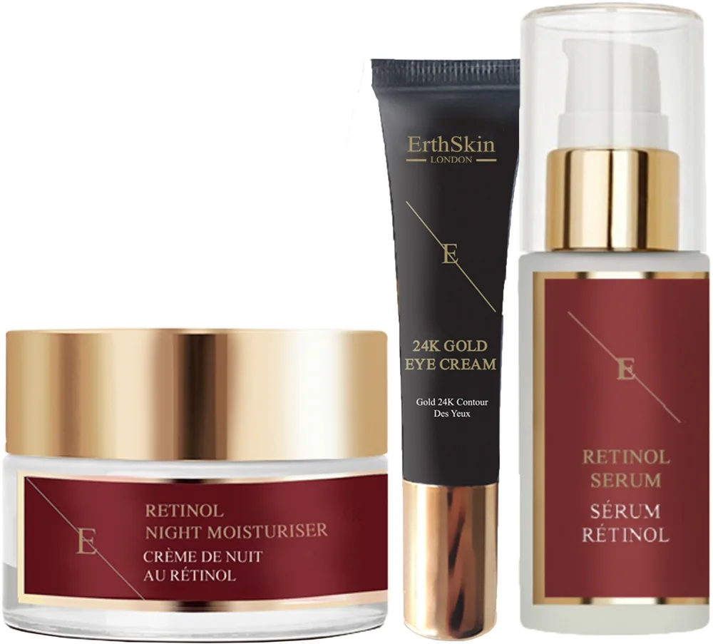 Набор для лица ErthSkin London Retinol сыворотка с ретинолом ночной крем и крем для глаз с золотом для зрелой кожи 30+50+15 мл
