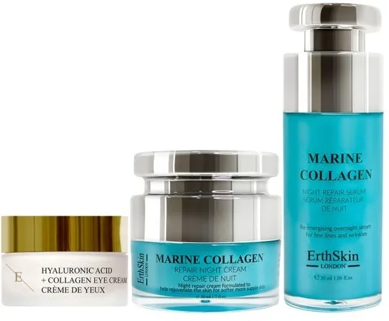 Набор для лица ErthSkin London Marine Collagen ночная сыворотка ночной крем и крем для глаз с морским коллагеном для зрелой кожи 30+50+30 мл
