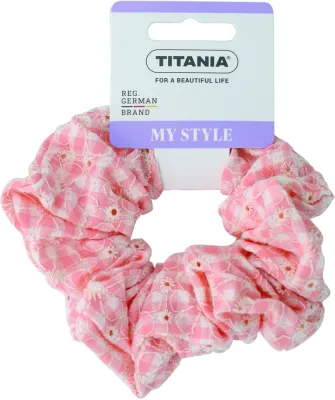 Резинка для волос Titania Scrunchie в клетку, розовая, 10 см