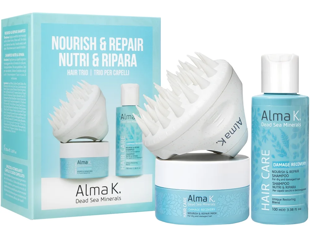 Alma K. Alma K Nourish & Repair Hair Trio (brush/1pcs + sh/100 мл + h/mask/70 мл) - Набор для волос Alma K Nourish and Repair Hair Trio: шампунь, маска Damage Recovery, щётка для массажа кожи головы