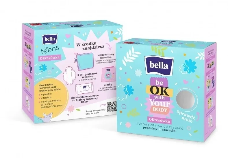 Bella For Teens Menstrual Set набор для девочек-подростков: прокладки Sensitive 2 шт, салфетки для интимной гигиены 10 шт, многоразовый чехол, брошюра