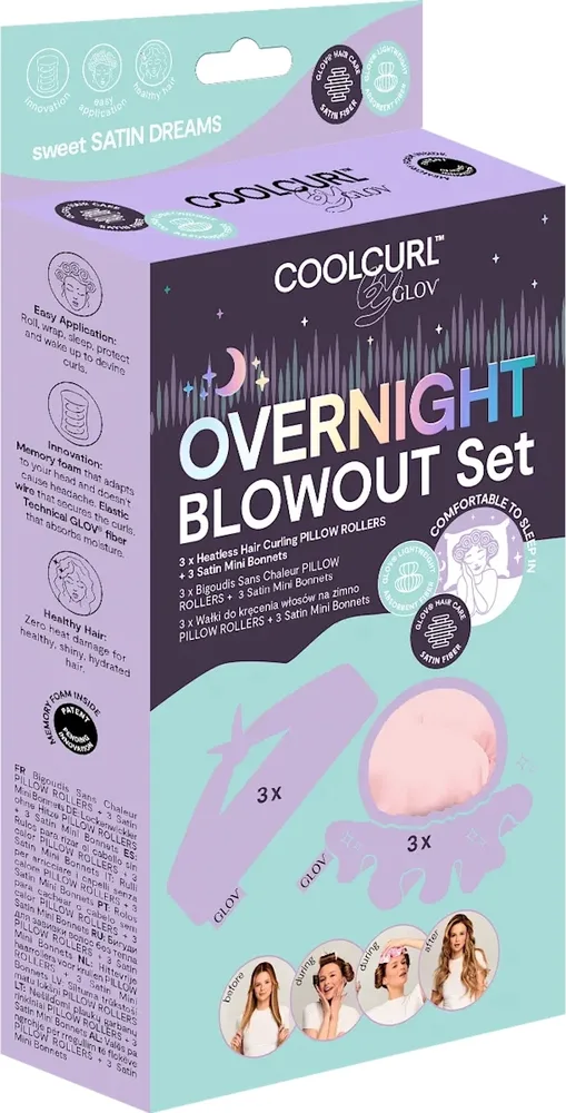 Набор для укладки локонов Glov CoolCurl Overnight Blowout бигуди-подушки 3 шт и атласные чехлы Mini Anti-Frizz 3 шт розового
